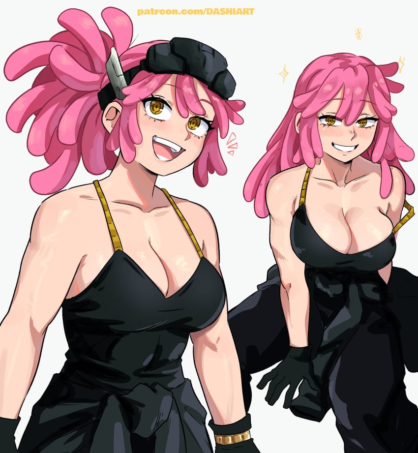 1girls adult aged_up breasts busty cleavage dashi_art female fully_clothed large_breasts looking_at_viewer mechanic mei_hatsume my_hero_academia pink_hair post-timeskip seductive seductive_look smile solo tank_top yellow_eyes