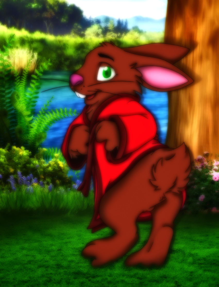 amegared anthro balls bathrobe bottomless clothed clothing eyebrows lagomorph looking_at_viewer male mammal mizzyam rabbit robe semi-anthro smile solo whiskers