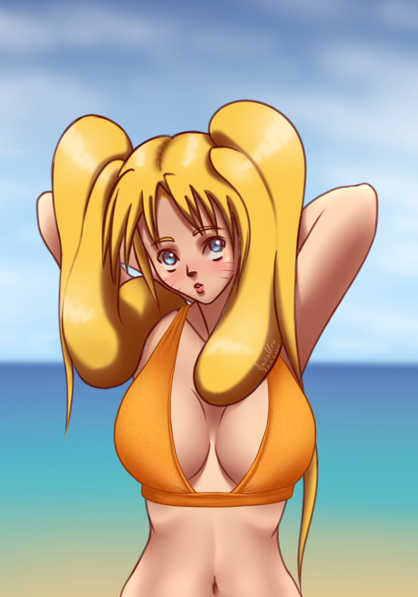 1girls abs aniram.ru arms_behind_head beach belly_button bikini bikini_top blonde_hair blue_eyes blush bra breasts cleavage clothed clothing female female_focus female_only front_view fully_clothed gender_transformation genderswap_(mtf) light-skinned_female light_skin lips lipstick long_hair looking_up medium_breasts naruko naruto naruto_(classic) naruto_(series) naruto_shippuden ocean orange_bikini orange_swimsuit outdoors outside pink_lips pink_lipstick pinup revealing_clothes rule_63 sexy_no_jutsu shounen_jump solo solo_female solo_focus swimsuit teenager tied_hair twintails uzumaki_naruto whisker_markings whiskers wide_hips yellow_hair