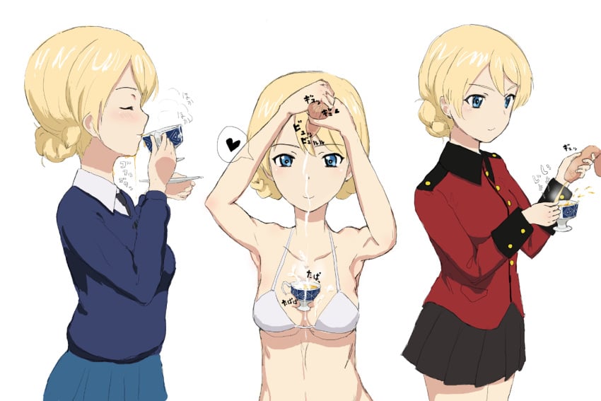 1girls armpits ballsack black_skirt blonde_hair blue_clothing blue_eyes blush bra breasts cleavage collar collarbone cum_cup cum_in_container cum_in_mouth cum_on_breasts darjeeling disembodied_penis drinking_cum eyebrows_visible_through_hair foreskin front_view girls_und_panzer green_skirt hand_on_penis handjob heart japanese_text looking_at_viewer looking_embarrased midriff milking_cum object_between_breasts peeing peeing_in_cup penis piss_in_mouth pissing plate red_clothing scrotum side_view source_request st._gloriana's_military_uniform st._gloriana's_school_uniform tea teacup thighs tie uncensored underboob uniform white_bra