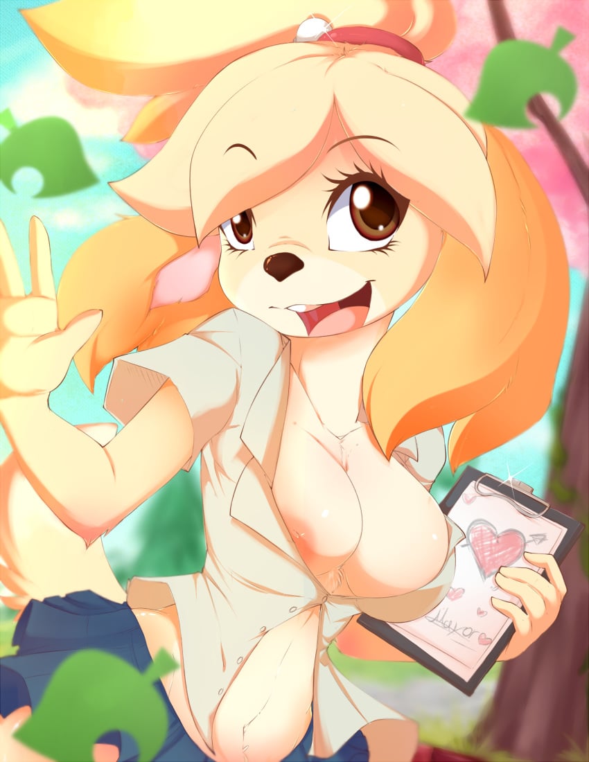 animal_crossing anthro blonde_hair breasts brown_eyes canine chest_tuft clipboard female furry furry_only isabelle_(animal_crossing) navel nintendo nipples no_bra open_mouth outdoors ponytail rainbowscreen skirt smile solo standing tail tied_hair unbuttoned yellow_fur