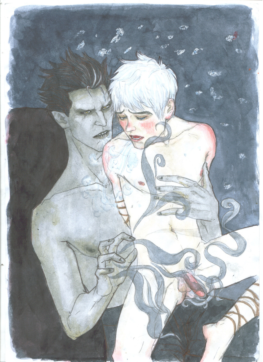 2boys gay jack_frost jack_frost_(rise_of_the_guardians) male male_only penis pitch_black rise_of_the_guardians tagme tentacle tentacle_on_male traditional_media_(artwork) white_hair yaoi