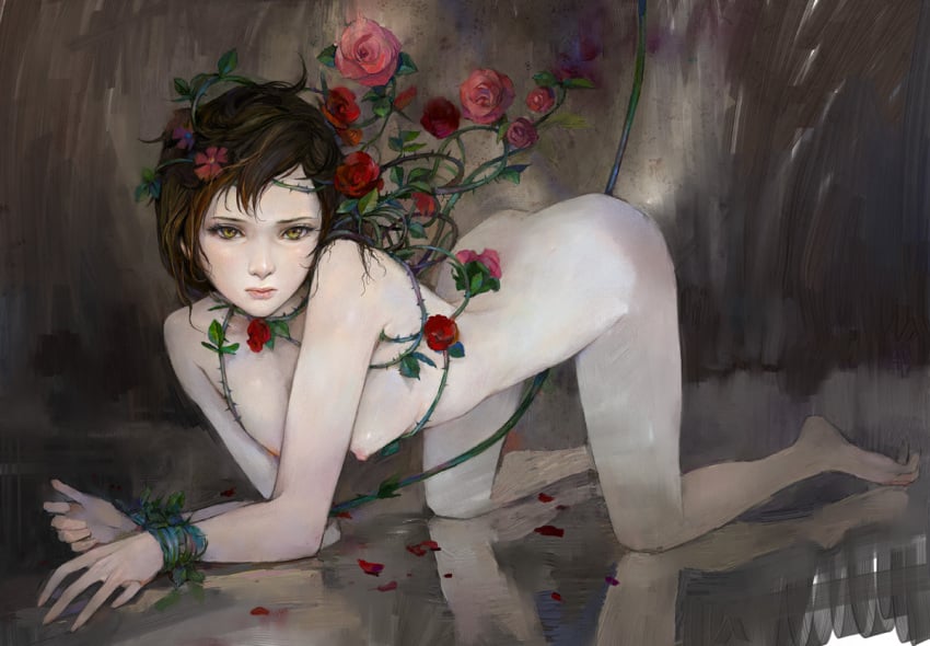 amatiz ass barefoot bent_over bondage breasts brown_hair flower hair_flower hair_ornament hands leaf leaves lips nipples nude original petals reflection rose short_hair thorns tied yellow_eyes