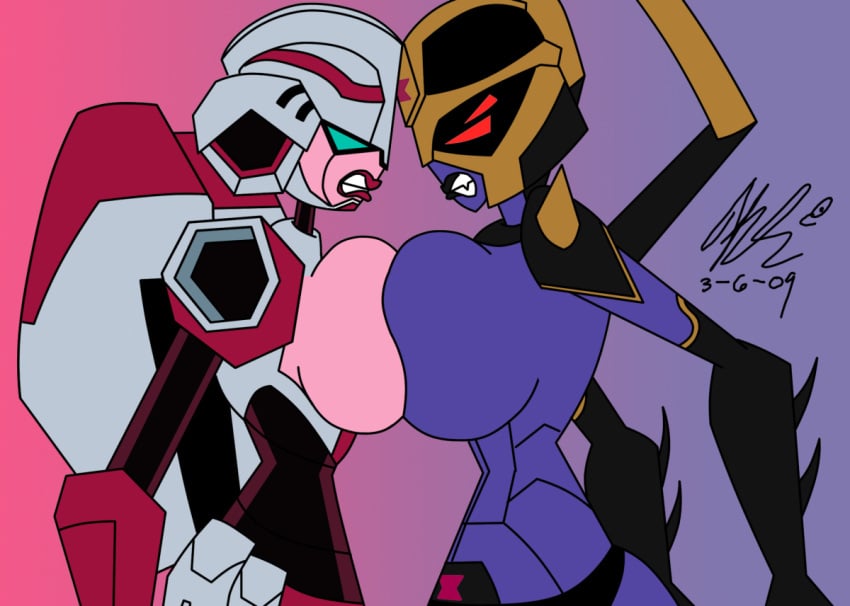 2009 23isnumber1 2girls angry arcee arcee_(tfa) asymmetrical_docking big_breasts blackarachnia blackarachnia_(tfa) breast-to-breast breast_size_difference breasts female female_autobots female_decepticons female_only giant_breasts huge_breasts large_breasts mecha_musume mechanical multiple_girls ragetreb robot robot_girl symmetrical_docking transformers transformers_animated