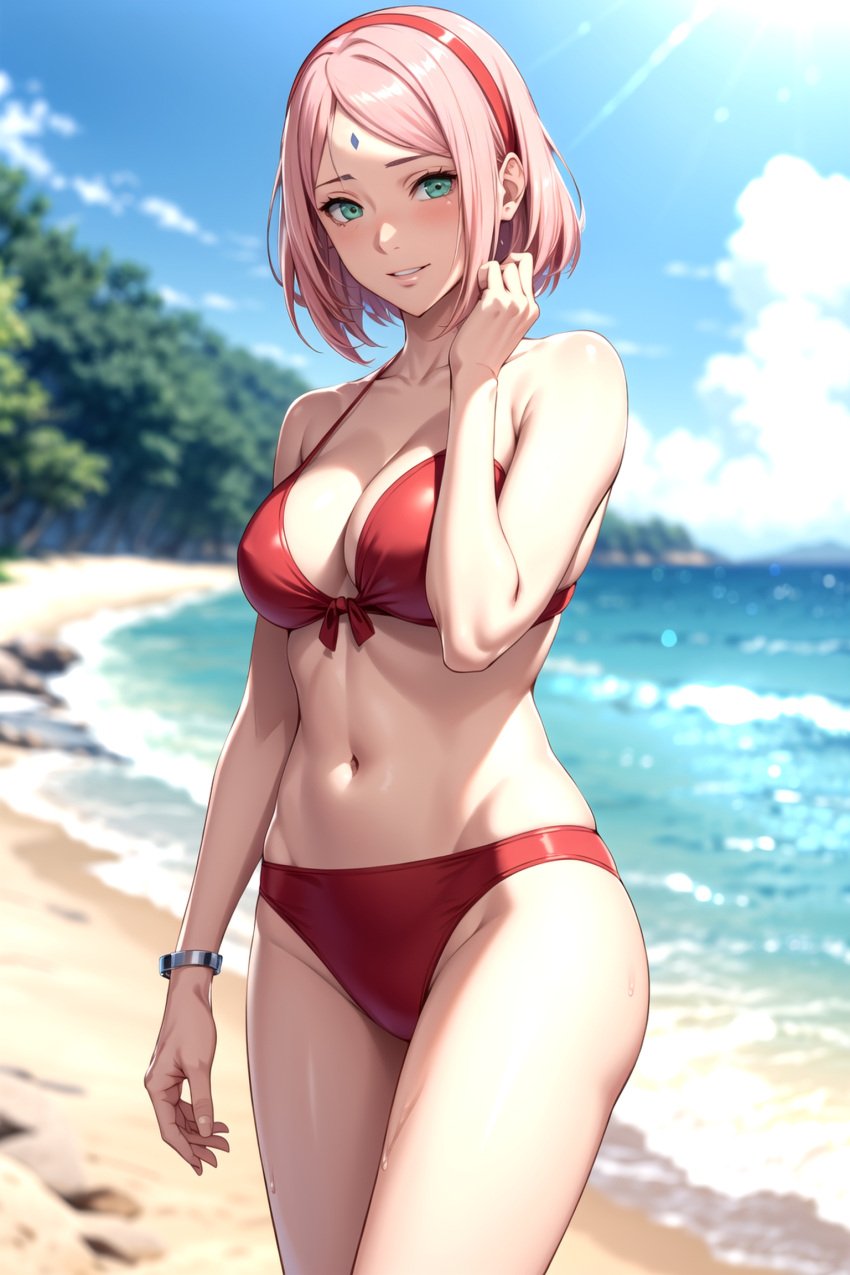 1girls ai_generated bikini blush bob_cut boobeetan boruto:_naruto_next_generations breasts curvaceous curvy_figure cury facial_mark facing_viewer female female_only forehead_mark front_view green_eyes light-skinned_female light_skin long_hair looking_at_viewer mature mature_female milf nai_diffusion naruto naruto_(series) ocean paipan pale-skinned_female pale_skin petite petite_body pink_hair pinup sakura_haruno seaside shoulder_length_hair small_breasts smile solo solo_focus stable_diffusion swimsuit thighs water wide_hips