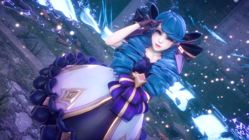 1girls 3d blue_eyes blue_hair curvy deilw female gwen_(league_of_legends) league_of_legends