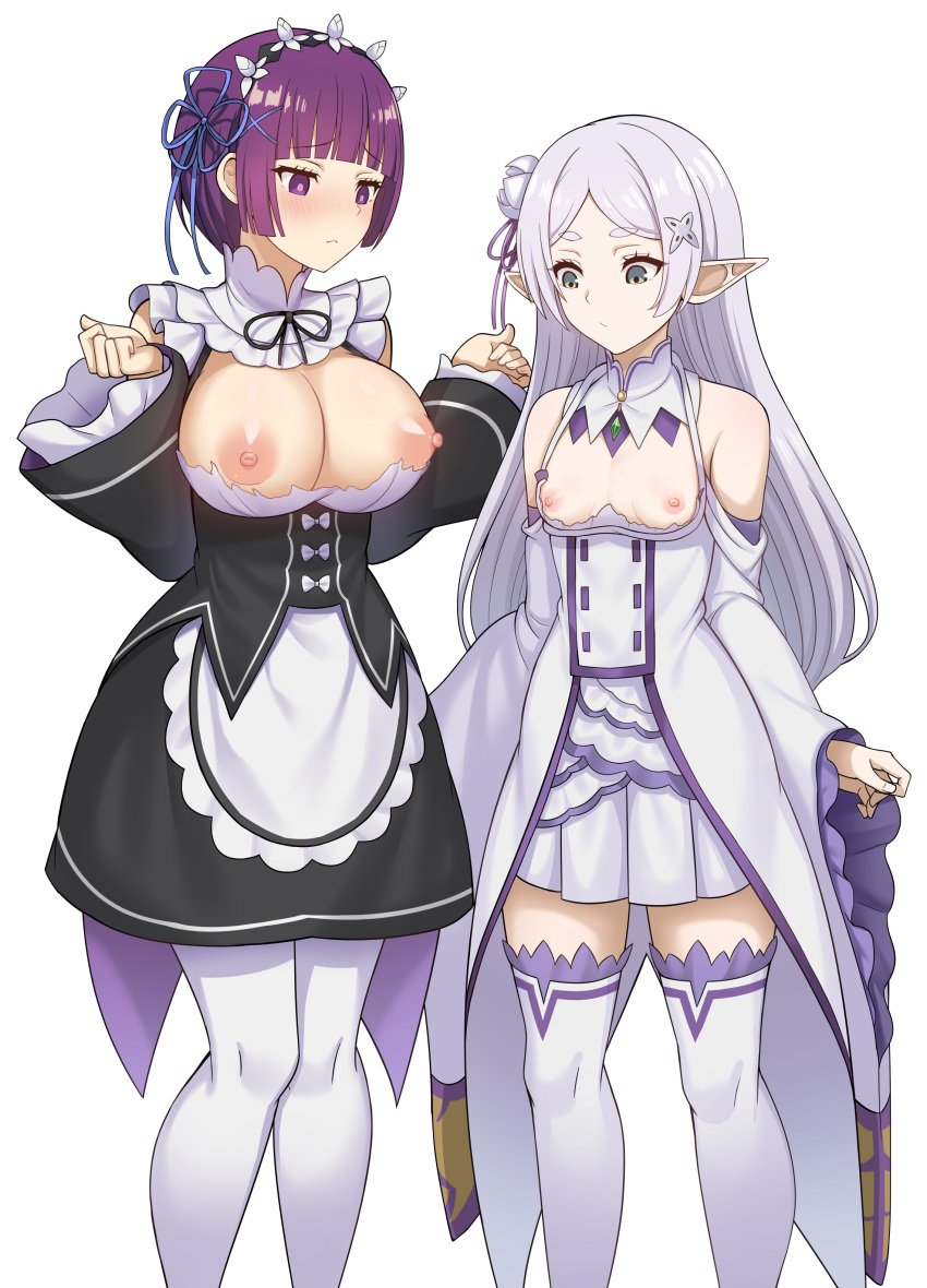 2girls areola areolae big_breasts breasts eyebrows_visible_through_hair female female_focus female_only fern_(sousou_no_frieren) flat_chest frieren hair_ornament hi_res highres huge_breasts komainu_(yamaha1997) large_breasts light-skinned_female light_skin medium_hair nipples no_bra purple_eyes purple_hair silver_hair sousou_no_frieren topless very_long_hair white_background white_legwear