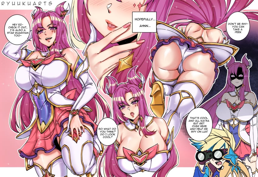 ass_bigger_than_skirt big_ass cameltoe curvy ezreal female_focus hair_ornament high_heels huge_breasts kai'sa league_of_legends lipstick long_hair massive_breasts no_bra panties pantyshot pink_eyes pink_hair ryuukusnpaiarts simple_background skindentation star_guardian_ezreal star_guardian_kai'sa star_guardian_series text thick_ass thick_thighs thighhighs voluptuous