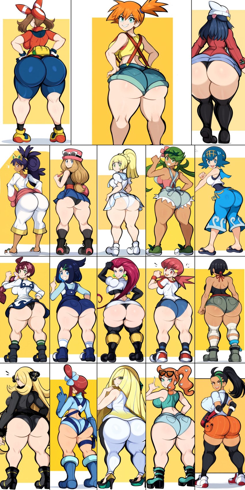 18girls ai_generated ass ass_focus back blonde_hair chloe_(pokemon) collage cynthia_(pokemon) dark-skinned_female dark_skin dat_ass dawn_(pokemon) female_focus female_only full_body game_freak group gym_leader huge_ass iris_(pokemon) jessie_(pokemon) kasumi_(pokemon) lana_(pokemon) light-skinned_female light_skin liko_(pokemon) lillie_(pokemon) long_hair looking_at_viewer lusamine_(pokemon) mallow_(pokemon) mature_female may_(pokemon) mil multiple_girls nemona_(pokemon) nintendo novelai orange_hair panties pants pink_hair pokemon pokemon_(anime) pokemon_(classic_anime) pokemon_bw pokemon_champion pokemon_dppt pokemon_gsc pokemon_hgss pokemon_horizons pokemon_journeys pokemon_oras pokemon_protagonist pokemon_rgby pokemon_rse pokemon_sm pokemon_ss pokemon_sv pokemon_xy school_uniform schoolgirl serena_(pokemon) short_hair shorts skirt skyla_(pokemon) sonia_(pokemon) team_rocket team_rocket_uniform that_ass_was_fat too_many_tags whitney_(pokemon) zinnia_(pokemon)