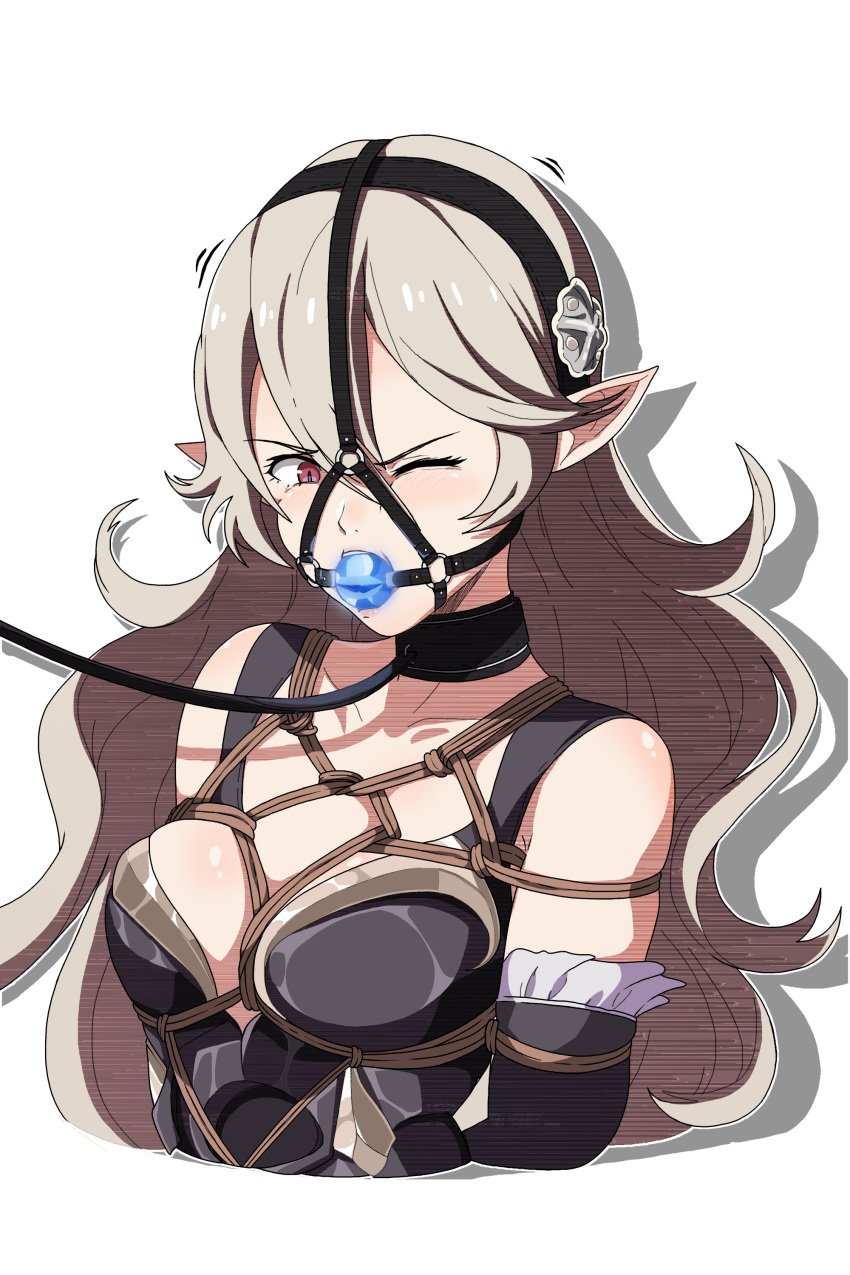 1girls alternate_costume ball_gag bondage cleavage collar corrin_(fire_emblem) corrin_(fire_emblem)_(female) femsub fire_emblem fire_emblem_fates gag gagged grey_hair hairband leash medium_breasts nintendo one_eye_closed red_eyes rope_bondage tiedtiki