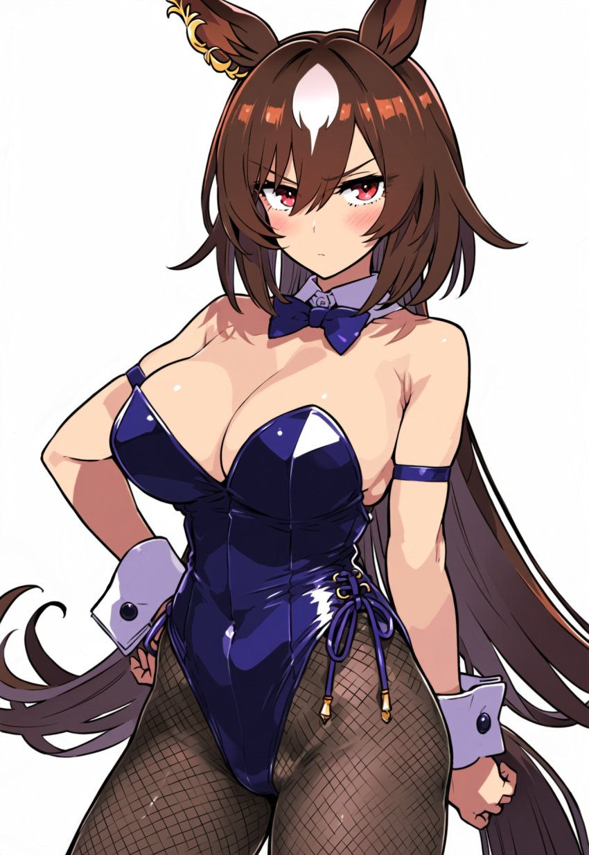 ai_generated animal_ears brown_hair bunnysuit cosplay female horse_girl long_hair markings markings_on_head red_eyes sirius_symboli_(umamusume) umamusume umamusume_pretty_derby