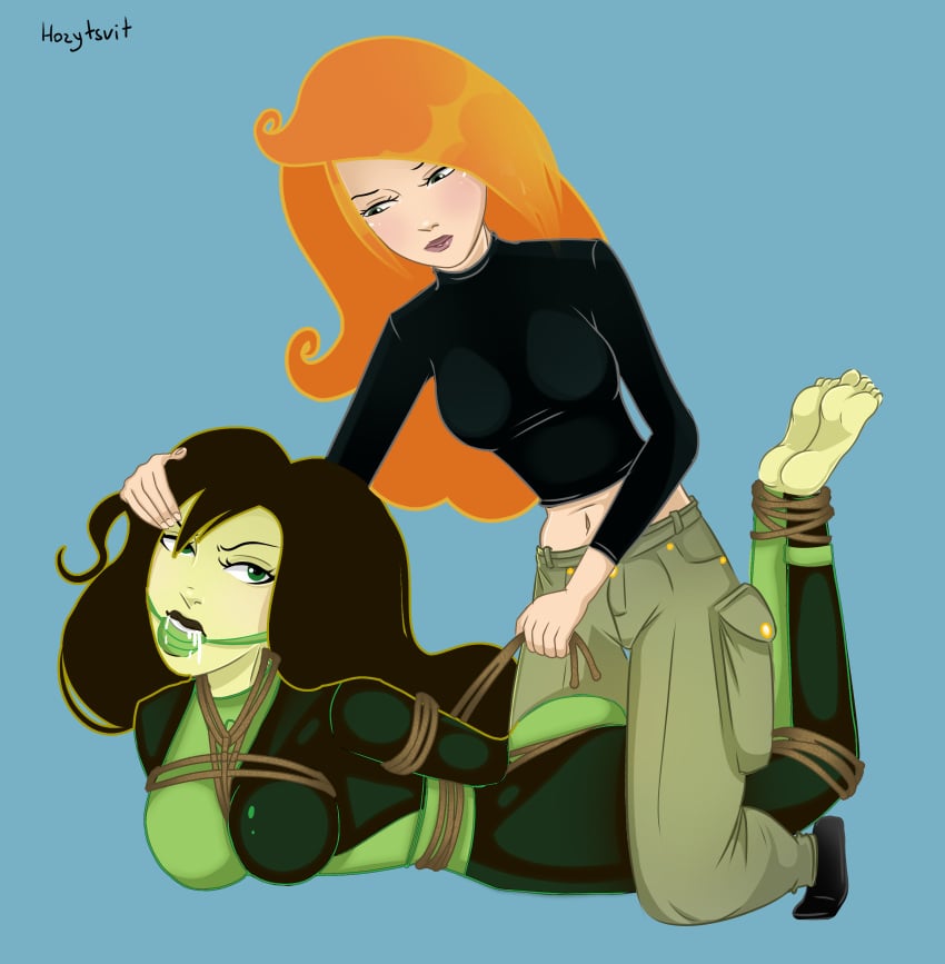 black_hair bondage bound drool drooling female female_only femdom femsub fully_clothed gag green_eyes horytsvit kim_possible kimberly_ann_possible png red_hair rope shego shiny_clothes tight_clothing