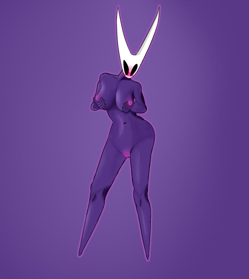 breast_grab breasts genitals hand_on_breast hi_res hollow_knight hornet_(hollow_knight) humanoid morfkey purple_background purple_body pussy simple_background solo team_cherry