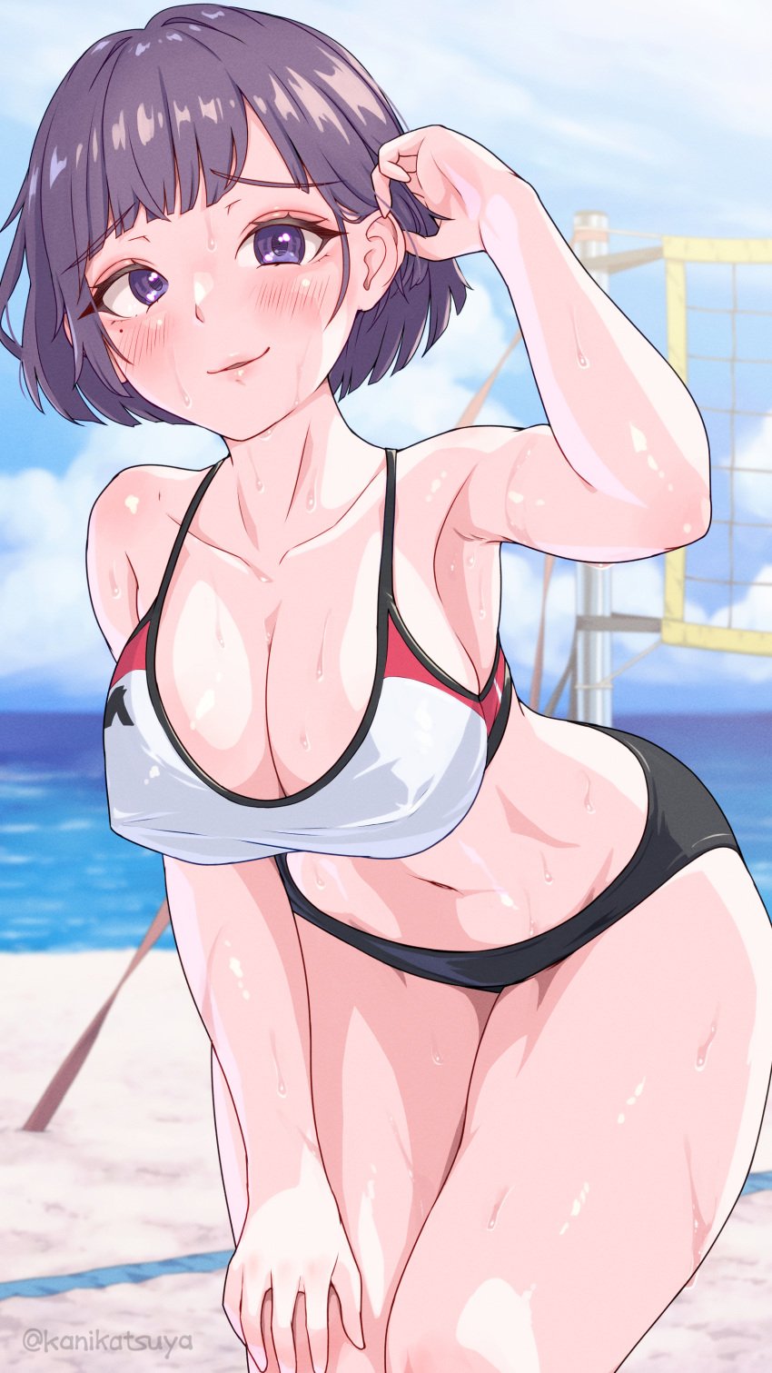 absurdres beach beach_volleyball blush breasts covered_erect_nipples cowboy_shot female grabbing_own_hair hand_on_own_knee highres kanikatsuya large_breasts mole mole_under_eye original outdoors purple_eyes purple_hair short_hair solo sportswear volleyball_uniform wet