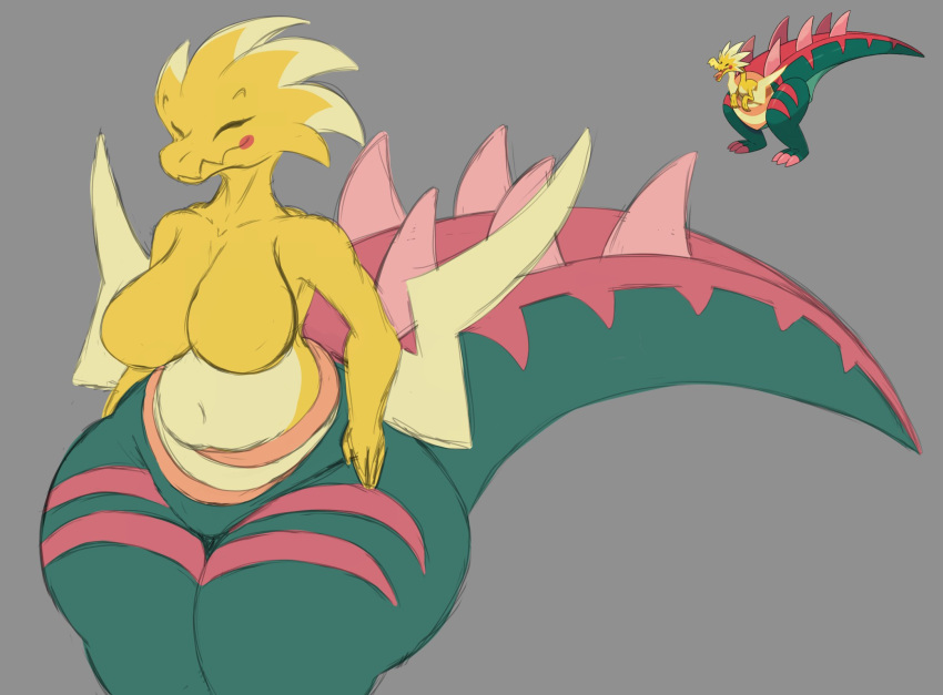 alphaandrenew belly_button big_ass big_breasts big_tail big_thighs dracozolt flat_belly huge_ass huge_thighs no_humans pokémon_(species) pokemon pokemon_(species) skinny_waist smile soft_ass soft_belly soft_breasts soft_thighs spikes tail wide_hips