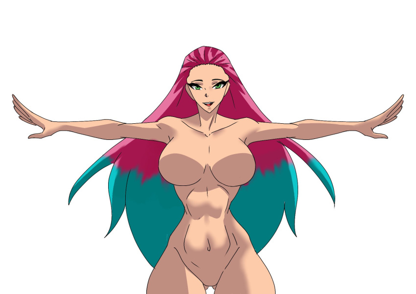 1girls crocus_woman_(luzbelarco) featureless_breasts green_eyes long_hair mega_man mega_man(classic) nitsuga_itnas no_nipples no_pussy nude oc original_character pink_hair turquoise_hair