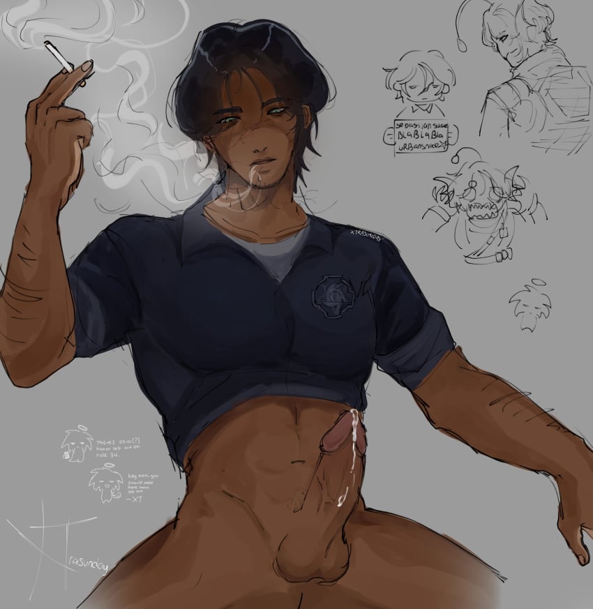 1boy arm_hair balls black_hair blue_eyes cum cum_dripping dark-skinned_male dark_skin doodles erection human male male_only penis pressure_(roblox) scar sebastian_solace sebastian_solace_(human) smoking spread_legs spreading xtrasunday