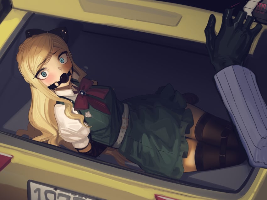 1boy 1girls abducted absurd_res absurdres arms_behind_back background ball_gag belt_bondage black_gloves blonde_hair blue_eyes blush bondage bound bound_arms bound_legs cad_(caddo) car car_trunk clothed clothing color danganronpa danganronpa_2:_goodbye_despair dress faceless_male female female_focus femsub fully_clothed gag gagged gloves green_clothing hair_ornament high_resolution highres imminent_rape implied_rape kaddo kidnapped kidnapping laying_down legs_together light-skinned_female long_hair lying lying_on_side medium_breasts on_back on_model puffy_sleeves restrained restrained_arms restrained_legs ribbon scared shaded shirt sonia_nevermind stockings teenage_girl teenager thighhighs tied_up trunk unseen_male_face vehicle white_shirt worried worried_expression