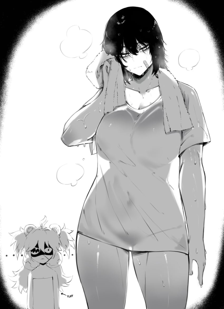 after_shower bandaid black_and_white black_hair bottomless breasts breasts grace_howard huge_breasts jealous koleda_belobog masoq095 monochrome post_shower towel translucent translucent_clothing water_drop zenless_zone_zero