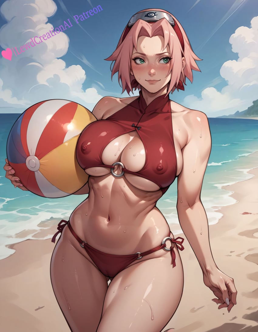 1girls absurd_res ai_generated beach beach_ball big_breasts bikini_bottom blush blush blush_lines blushing_at_viewer boruto:_naruto_next_generations breasts cameltoe covered_nipples curvy curvy_figure female female forehead_protector green_eyes high_resolution highres holding_beachball holding_object large_breasts lewdcreationsai looking_at_another looking_at_viewer looking_away naruto naruto:_the_last naruto_(classic) naruto_(series) naruto_shippuden navel ocean outdoors pink_hair sakura_haruno sakura_haruno sand sea seaside sexually_suggestive solo solo_female solo_focus standing sweat sweatdrop sweating sweaty swimsuit swimsuit_bottom tagme thick thick_legs thick_thighs thighs wet wet_body wet_skin