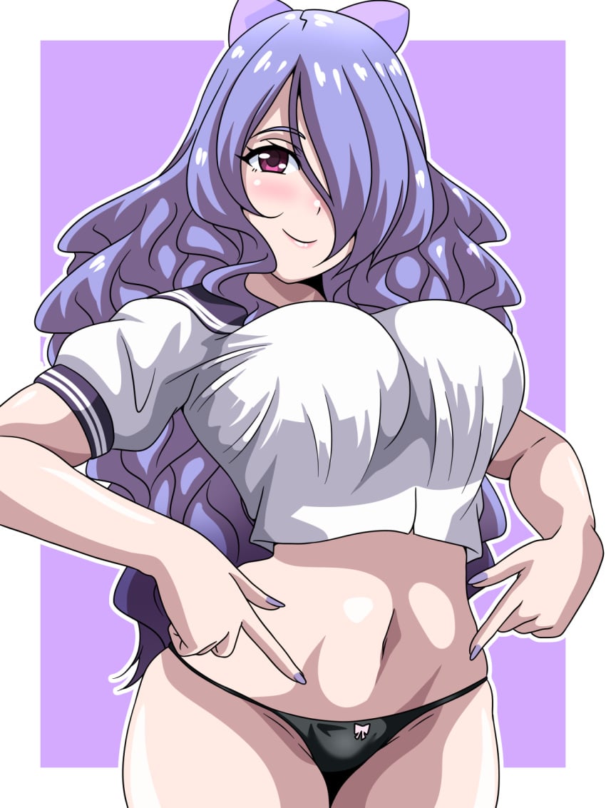 1girls bare_midriff bare_thighs black_panties breasts camilla_(fire_emblem) female female_only fire_emblem fire_emblem_fates hair_over_one_eye hair_ribbon inabakun00 large_breasts long_hair looking_at_viewer midriff nail_polish nintendo panties pink_eyes pointing pointing_at_self purple_hair purple_nails school_uniform schoolgirl smile solo thighs underwear very_long_hair