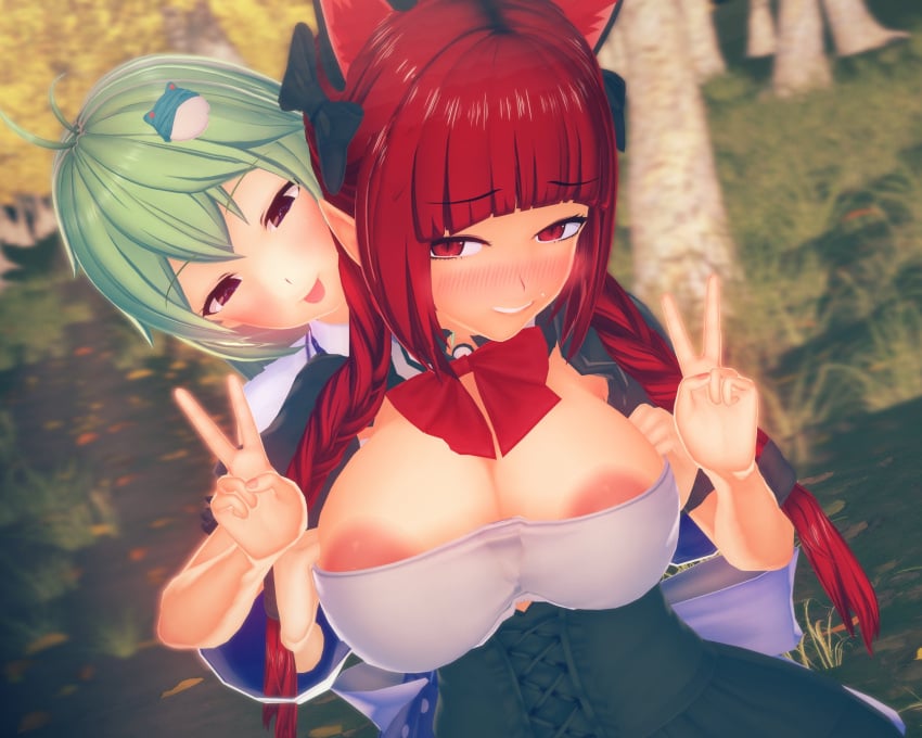 2girls 3d areola_slip black_dress blurry_background blush brown_eyes cat_ears cat_girl cleavage four_ears green_eyes green_hair indoors kaenbyou_rin kochiya_sanae koikatsu large_breasts long_hair looking_at_viewerpointy_ears red_eyes rin_kaenbyou sanae_kochiya touhou touhou_weird_storage v