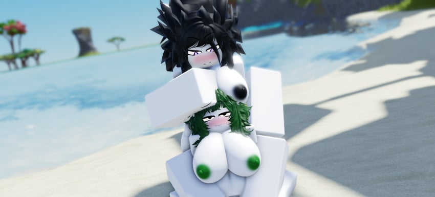 2girls 3d areolae beach big_breasts black_hair breasts green_hair khloe_(slimiba) mermaid_girl nipples nude predator/prey pussy roblox robloxian scared_face shark_girl siara_(slimiba) slimiba smirking tagme white_skin