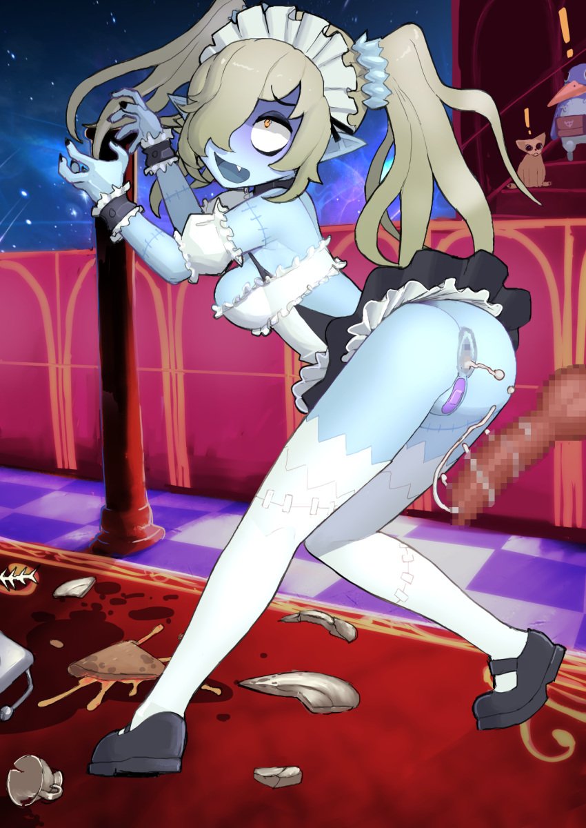 ass bandage bandage_on_pussy cum cum_in_ass disgaea disgaea_5 gixar maid maid_(disgaea) maid_uniform mosaic_censoring nippon_ichi_software no_panties pasties penis prinny public public_nudity public_sex stitches upskirt zombie zombie_girl