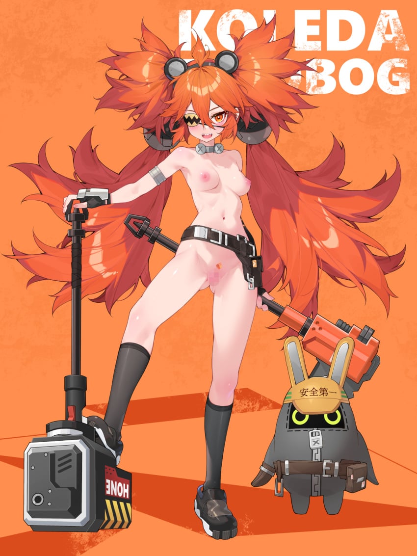 ass_visible_through_thighs bangboo_(zenless_zone_zero) black_gloves breasts censored character_name eyepatch female female_pubic_hair fingerless_gloves full_body gloves hair_between_eyes hammer highres holding holding_hammer koleda_belobog long_hair looking_at_viewer low_twintails medium_breasts mosaic_censoring navel nipples nude open_mouth orange_background orange_eyes orange_hair orange_pubic_hair orange_theme pubic_hair pussy safety_(zenless_zone_zero) sharp_teeth simple_background smile solo standing teeth twintails upper_teeth_only very_long_hair waterring zenless_zone_zero