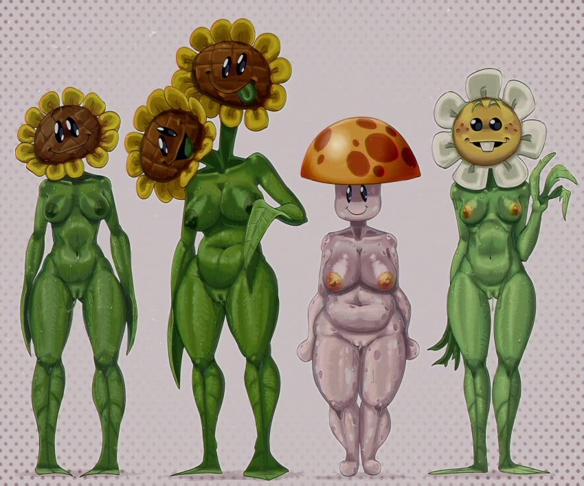 4girls big_breasts breasts chubby_female dendra_enigma dripping dripping_pussy female female_only humanized humanoid marigold marigold_(pvz) mushroom mushroom_humanoid nippels plants_vs_zombies pussy pvz simple_background sun-shroom_(pvz) sunflower sunflower_(pvz) twin_sunflower_(pvz) wet_body zack_main