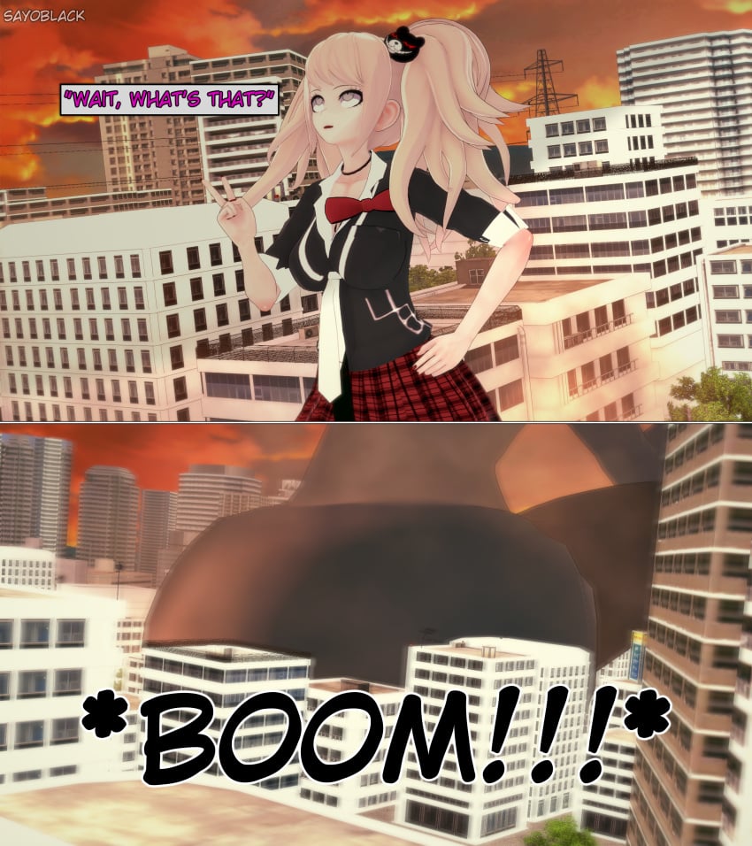 1boy big_ass big_ass_(male) big_breasts big_butt big_butt_(male) city_background city_destruction comic_page crushing female fire giant giantess junko_enoshima koikatsu male_is_bigger nagito_komaeda sitting_on_person text text_box