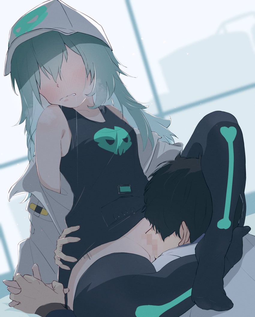 1boy absurdres antonina_(girls'_frontline_nc) aqua_hair arm_around_back black_hair black_tank_top black_thighhighs blush censored collarbone cunnilingus faceless faceless_female female full_body girls'_frontline_neural_cloud hair_between_eyes hat headlock heavy_breathing highres interlocked_fingers jacket long_hair mosaic_censoring off_shoulder parted_lips professor_(girls'_frontline_nc) ryunosuke_nikaido saliva short_hair skull straight tank_top thighhighs white_hat white_jacket