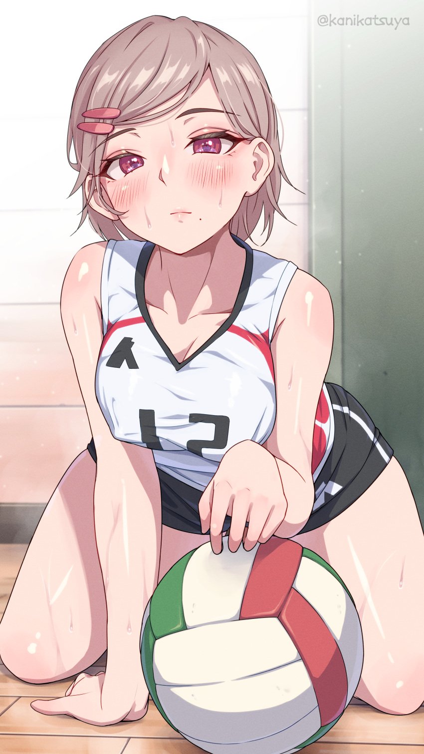 absurdres black_shorts blush collarbone crawling erect_nipples female grey_hair gymnasium hair_ornament highres kanikatsuya mole_under_mouth on_floor on_knees pink_eyes short_hair solo sportswear volleyball volleyball_(object) volleyball_uniform white_shirt