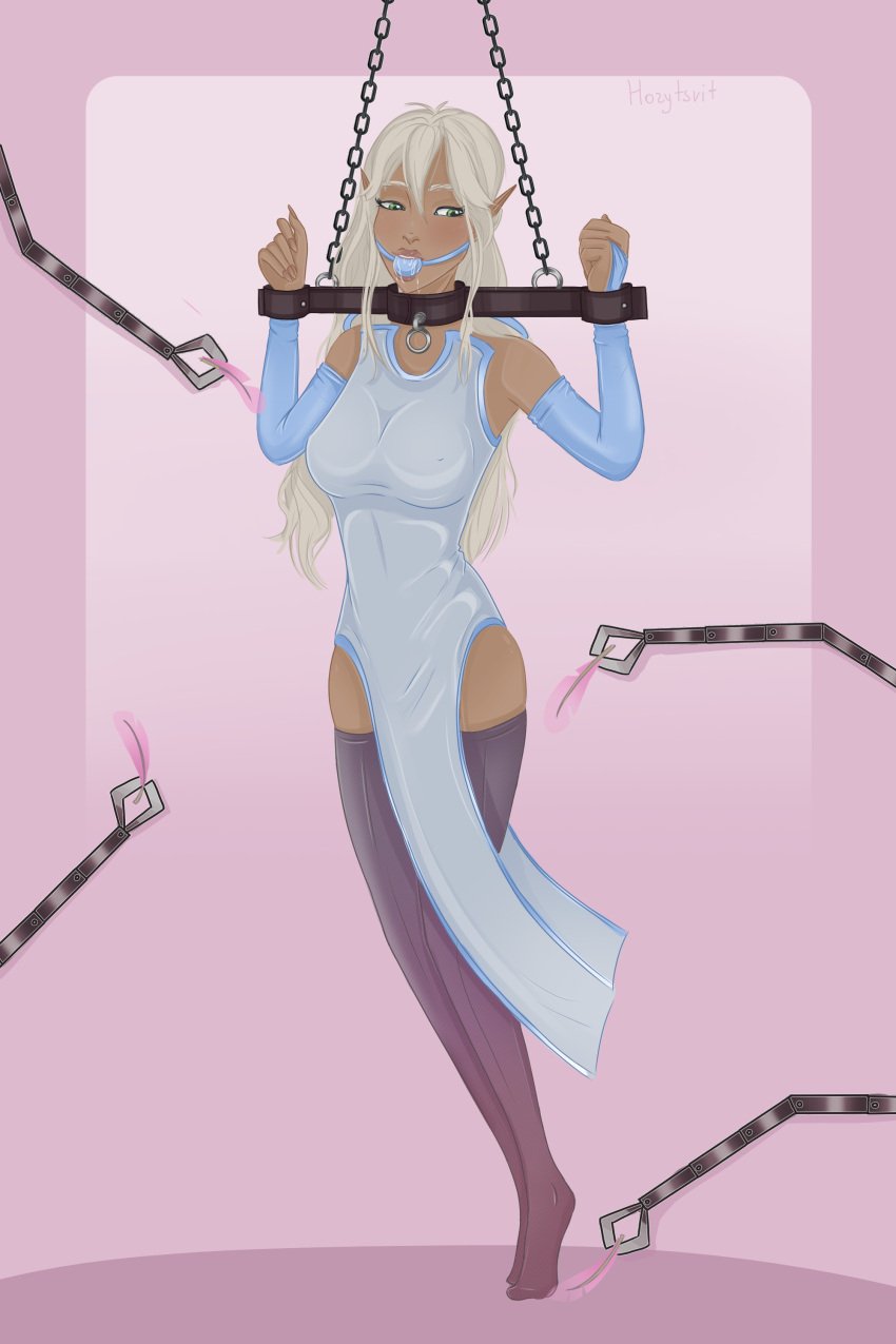 ball_gag blonde_hair bondage bound chains dress drool drooling feathers female female_only femsub fully_clothed gag green_eyes horytsvit long_fingernails mechanical_arm png pointy_ears pointy_fingernails stationary_restraints steel_bondage stockings tickling yoke yoke_(restraint)