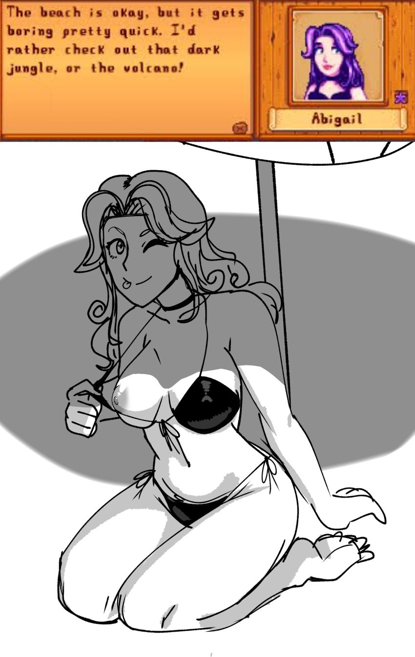 abigail_(stardew_valley) beach black_and_white dialogue in_game looking_at_viewer one_breast_out one_eye_closed one_nipple_out pulling_bikini_string silly smile smiling smiling_at_viewer stardew_valley swimwear tongue_out white_background