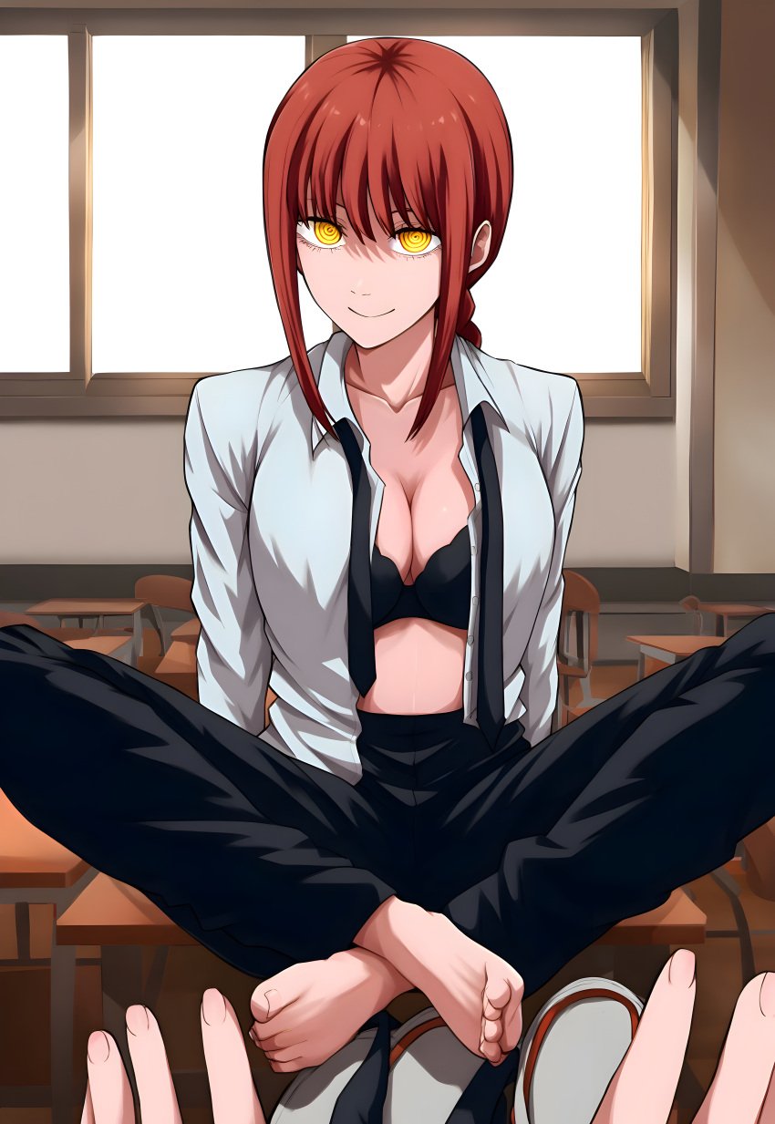 1girls absurd_res absurdres ai_generated barefoot black_bra black_necktie black_pants black_tie bra braid braided_ponytail breasts chainsaw_man cleavage collared_shirt desk duderu feet female hands hi_res high_resolution highres indoor indoors looking_at_viewer makima_(chainsaw_man) medium_breasts necktie no_shoes no_socks open_clothes open_shirt pants pov pov_hands red_hair ringed_eyes shirt sidelocks sitting sitting_on_desk smile smiling smiling_at_viewer solo solo_female solo_focus tie toes unworn_shoes white_shirt window yellow_eyes