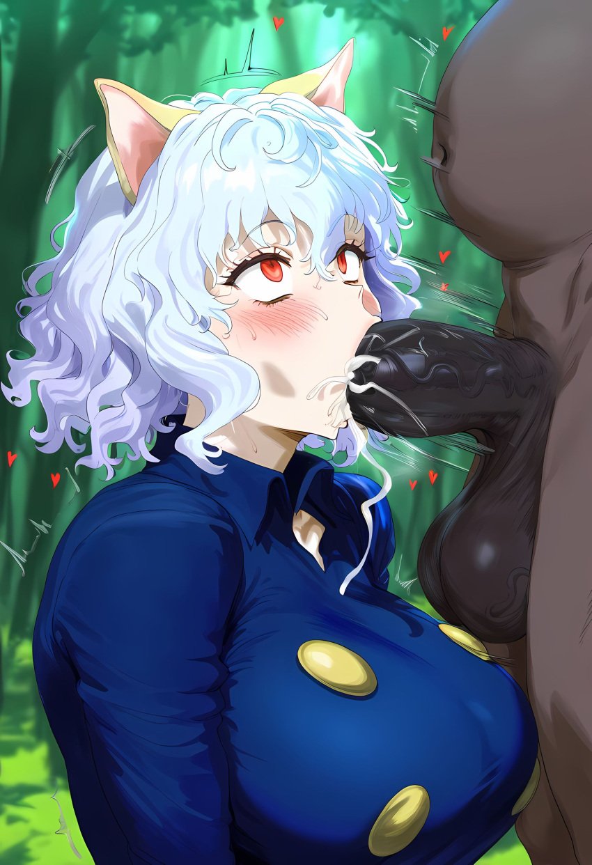 ai_generated blacked cat_ears cat_tail catgirl cock_hungry cock_worship corruption cum cum_in_mouth dark-skinned_male deepthroat fat_man fellatio forest gintoai hunter_x_hunter interracial interspecies light-skinned_female neferpitou nekomimi netorare old_man outdoors penis_awe