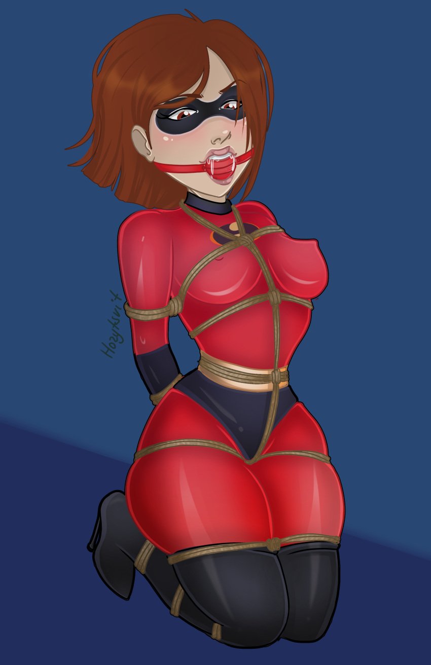 ball_gag bondage bound brown_hair drool drooling female female_only femsub fully_clothed gag helen_parr high_heels horytsvit png rope superheroine the_incredibles tight_clothing