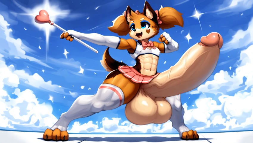 1boy 3_toes 4_fingers abs ai_generated anthro anthro_only athletic athletic_body big_eyes blue_eyes blue_sky bow casual_erection clawed_fingers clawed_toes confident cub cute dog_ears dog_tail domestic_dog dynamic_pose erection femboy feminine feminine_body feminine_male feminine_pose fighting_stance fingerless_elbow_gloves furry german_shepherd hairbow heart_tattoo hyper hyper_balls hyper_genitalia hyper_penis looking_forward magic_wand magical_girl makeup midriff miniskirt muscular muscular_anthro muscular_arms muscular_boy muscular_male muscular_thighs nai_diffusion nipple_outline pectorals pose proud proud_of_his_cock shameless small_but_hung small_but_hyper smile sparkles thick_thighs thighhighs tight_clothing tight_fit topwear twintails veiny_penis wallpaper wide_hips young