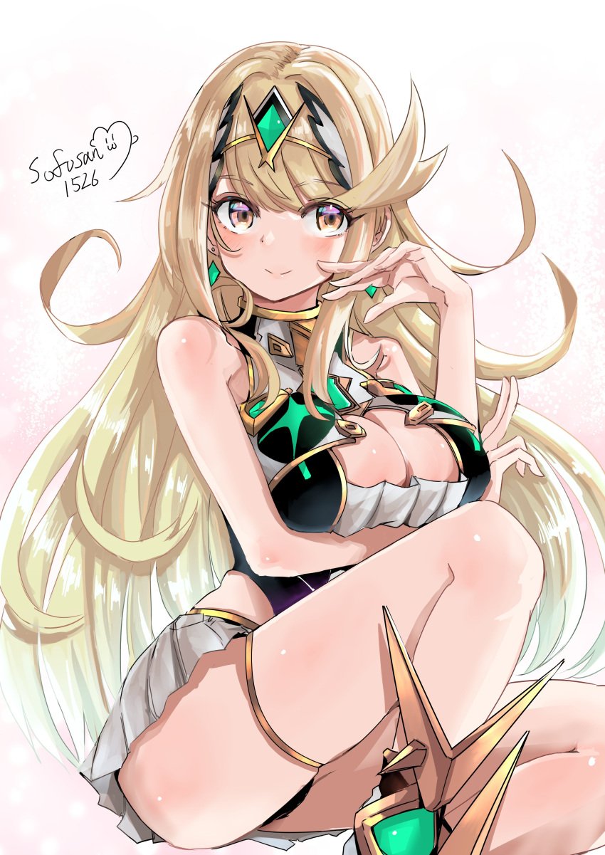 1girls absurd_res artist_name bare_shoulders big_breasts blonde_hair brown_eyes chest_jewel cleavage_cutout clothing_cutout core_crystal dress high_res hip_vent long_hair looking_at_viewer mythra signature sofusan1526 solo_female thighs tiara white_dress xenoblade_(series) xenoblade_chronicles_2