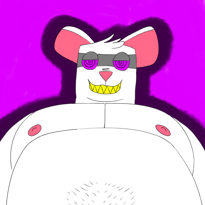 augmentation caitsquartrs grey_goggles half-closed_eyes happy_trail implied_fellatio implied_oral low-angle_view male male_only mechanic_mouse_(it_came_from_the_council) mouse no_visible_genitalia overweight pink_inner_ear pink_nipples pink_nose purple_background purple_eyes smirking spiral_eyes white_fur yellow_teeth