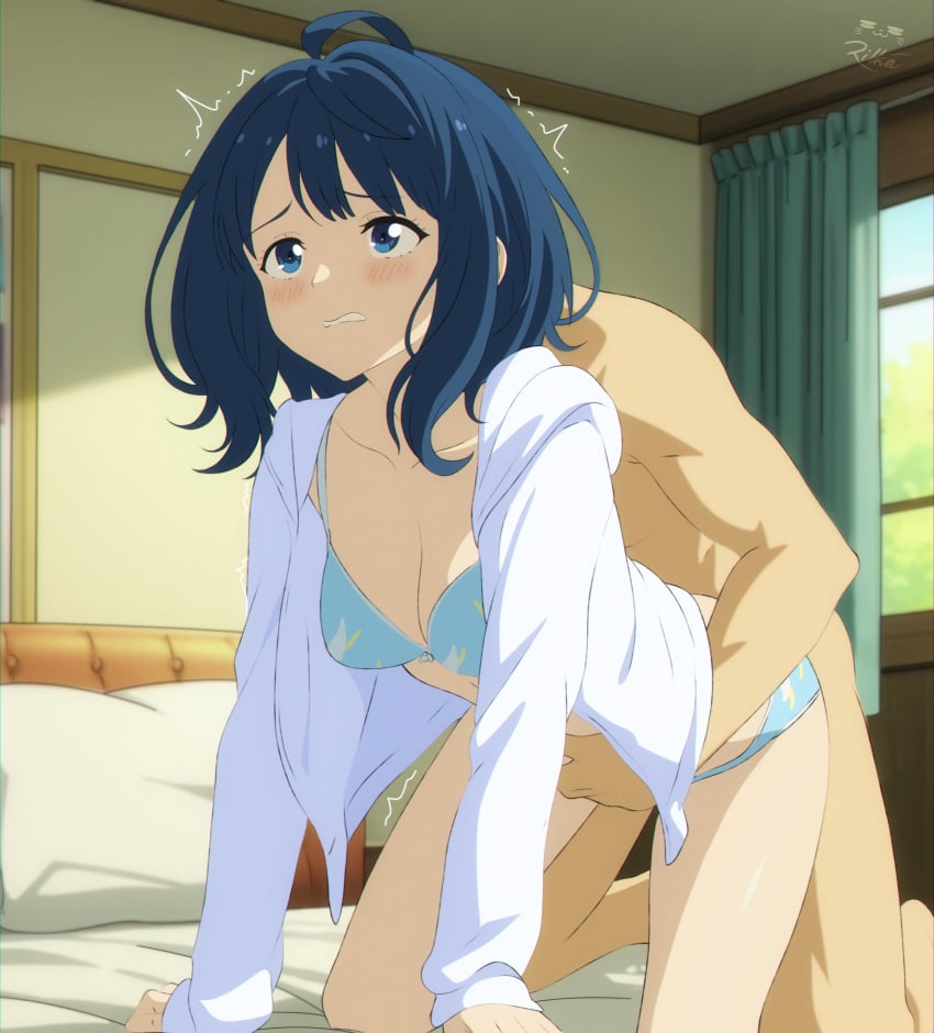 1boy ^^^ absurdres ahoge all_fours bed bikini blue_bikini blue_hair blush breasts cleavage clenched_teeth clothed_female_nude_male collarbone doggy_style female highres hood hoodie indoors make_heroine_ga_oo_sugiru! medium_breasts medium_hair nude on_bed open_clothes open_hoodie pillow seasonanimes sex sex_from_behind signature straight swimsuit teeth torso_grab white_hoodie window yanami_anna