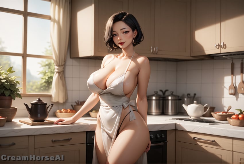 ai_generated apron asian asian_female big_ass big_breasts big_butt cleavage creamhorseai deep_cleavage hard_nipples high_resolution highres horny hourglass_figure huge_breasts kitchen mature_female milf mommy partially_clothed perfect_body red_lipstick seductive seductive_eyes seductive_look seductive_smile short_hair voluptuous voluptuous_female wife