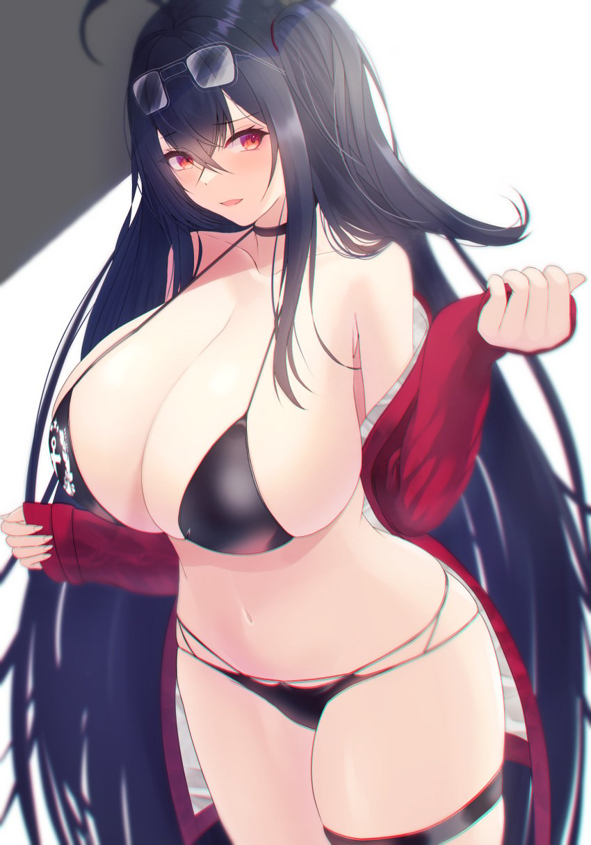 azur_lane bare_shoulders bikini black_bikini black_choker black_hair black_thighhighs breasts choker cleavage cowboy_shot female hair_between_eyes highres jacket long_hair looking_at_viewer multi-strapped_bikini_bottom official_alternate_costume red_eyes red_jacket simple_background solo swimsuit taihou_(azur_lane) taihou_(enraptured_companion)_(azur_lane) tako-san_wiener_(takosanuma) thigh_strap thighhighs very_long_hair white_background