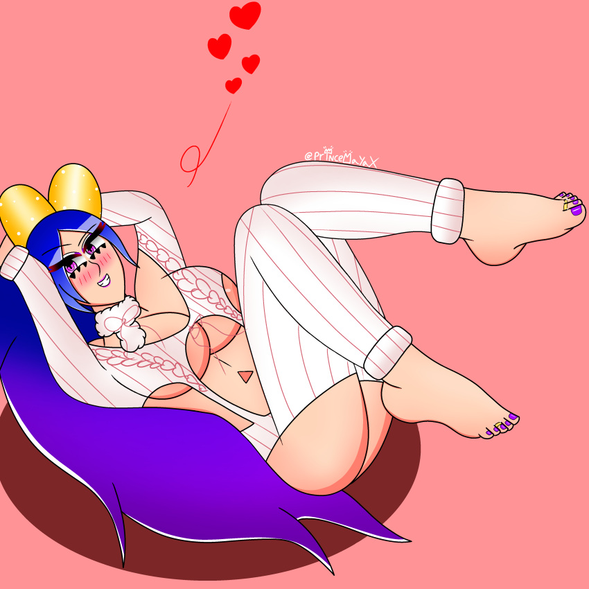 1girls barefoot blue_hair blush breasts feet feet_up foot_fetish oc original_character princemaya purple_hair smile sweater toe_ring toe_rings toenails toes