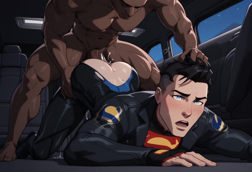 ai_generated car_interior car_sex clothed clothed_sex conner_kent cum_inside dark-skinned_male dc dc_comics dcamu gay interracial male male_only reign_of_the_supermen ripped_clothing ripped_pants superboy superboy_(conner_kent) superherosuckerrr superman_(series)