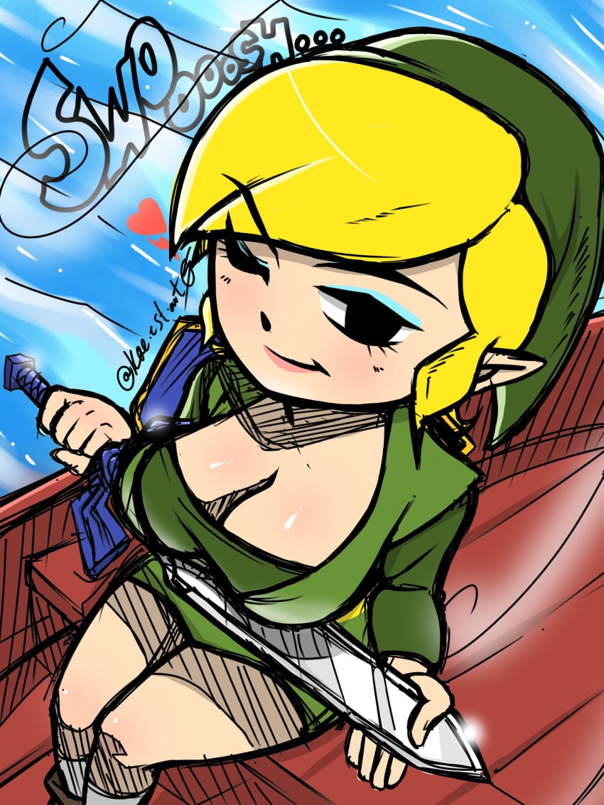 1girl aged_up blonde_hair breasts clothing female footwear heart_symbol holding_breast hylian kae-est_art link linka lipstick looking_at_viewer mascara medium_breasts nintendo pale_skin rule_63 skirt tagme the_legend_of_zelda the_wind_waker toon_link toon_linka wind_waker