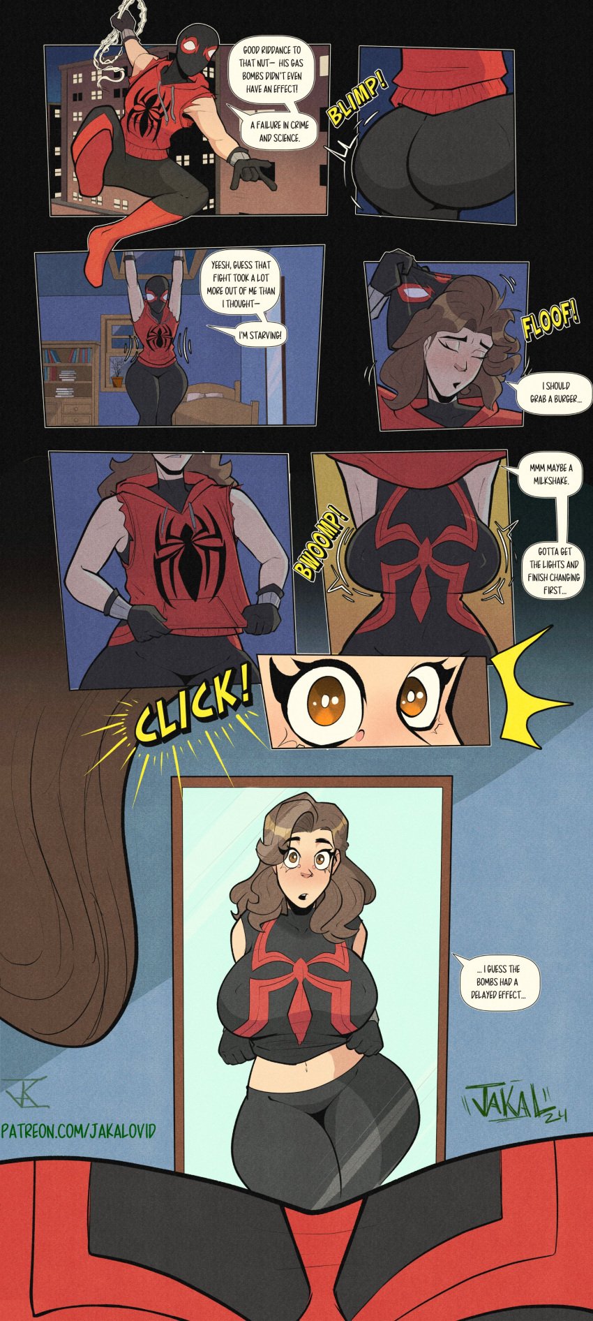 artist_name comic disney english_text female gender_transformation jakal63 jakalovid male marvel marvel_comics mtf_transformation patreon_url speech_bubble spider-man_(series) tagme text text_bubble transformation twitter_link