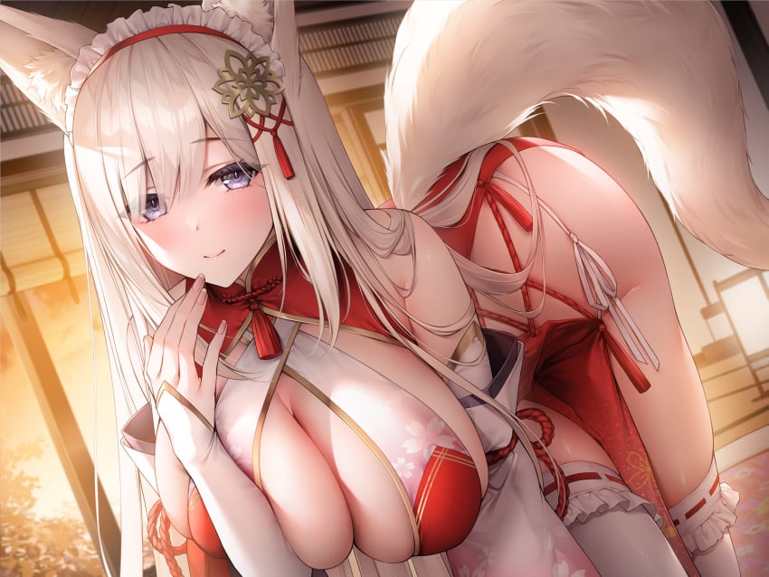 animal_ears blush breasts cleavage detached_sleeves dress female_only fox_ears fox_tail grey_eyes huge_breasts leaning_forward long_hair original oyuwari smile solo standing tail tassel thighhighs white_hair