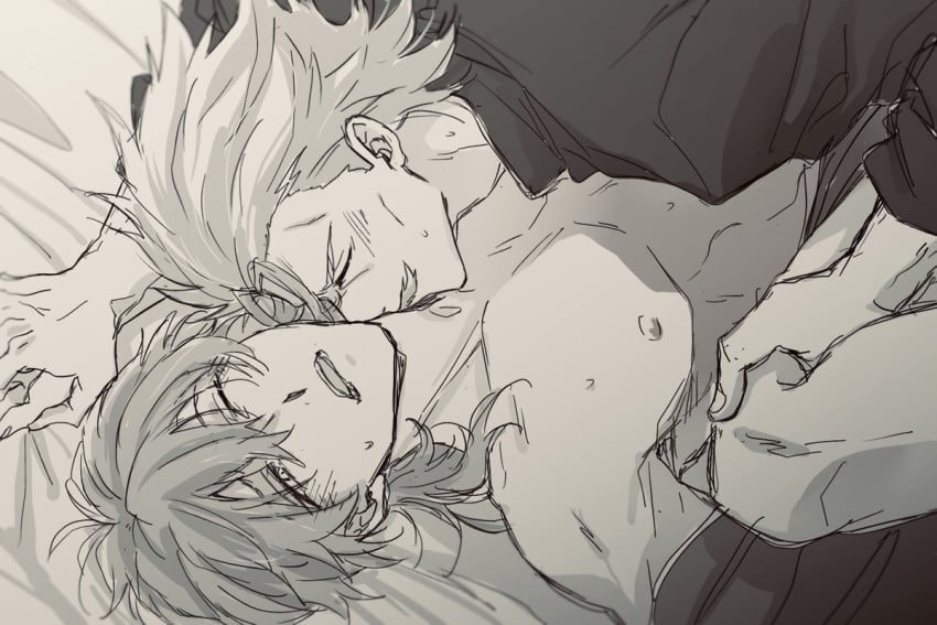 2boys bed_sheet blush bungo_stray_dogs closed_eyes fukuchi_ouchi_(bungou_stray_dogs) fukuzawa_yukichi gay greyscale implied_sex lying male male/male male_focus male_only medium_hair monochrome multiple_boys nipples on_back one_eye_closed open_mouth otogi021 pectorals short_hair tagme yaoi